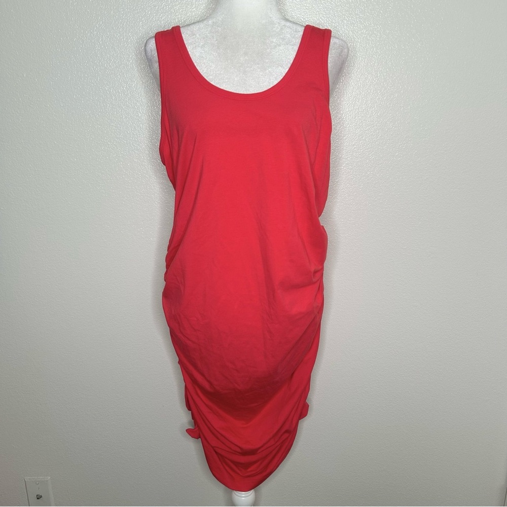 Express Womens Coral Sleeveless Ruched Midi Bodycon Dress Scoop Neck Size XL EUC